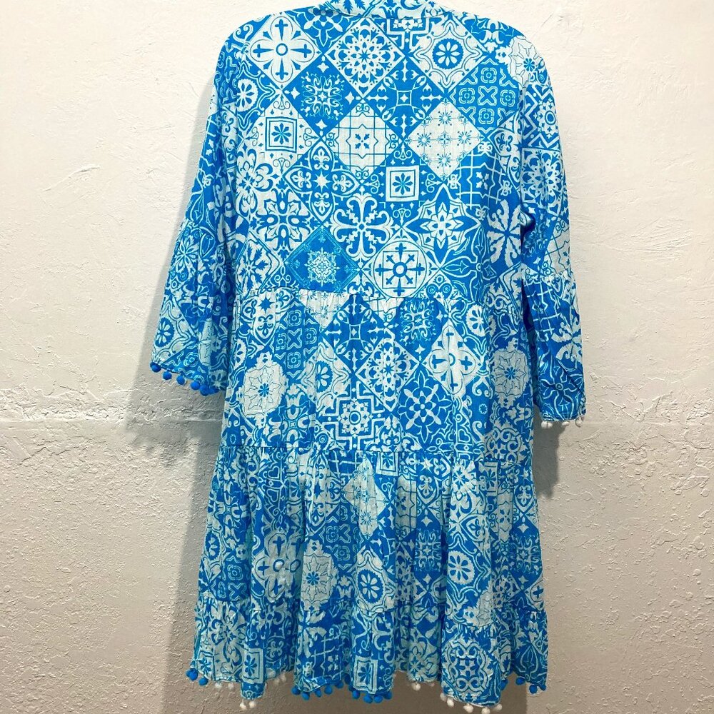 Siya Button up Dress Tiered Floral Beaded Pom Pom Hem Boho Cottagecore Blue L? - Picture 2 of 15